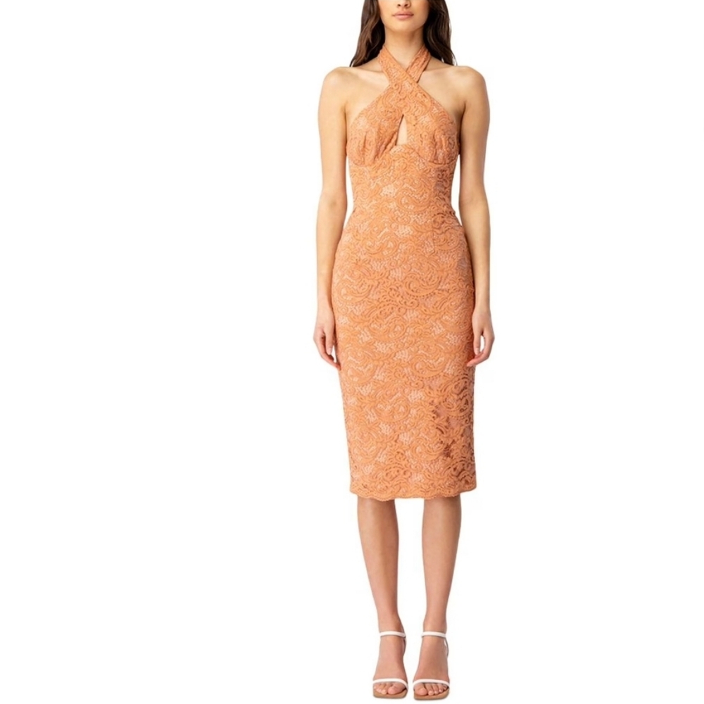 Bardot Riveria Lace‎ Corset Bodycon Halter MIDI Dress Mauve Peach Womens M 6